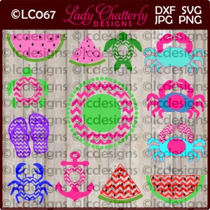 May include: A set of 10 digital cut files featuring summer-themed designs. The designs include a watermelon slice, a turtle, a crab, flip flops, an anchor, and a circle with a chevron pattern. The designs are in pink, green, blue, and red.