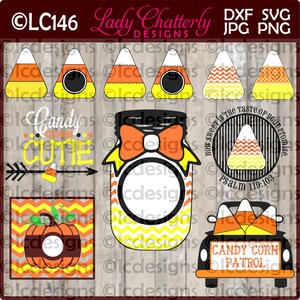 May include: A set of digital cut files featuring candy corn designs. The designs include a mason jar, a pumpkin, a truck, and a circle with the text "How sweet is the taste of your promise. Psalm 119:103".