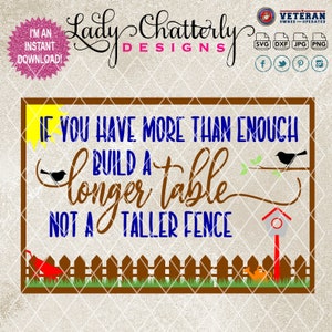 May include: A brown wooden sign with a white background and blue text that reads "If you have more than enough build a longer table not a taller fence". The sign is decorated with a yellow sun, a birdhouse, two birds on a branch, and a brown picket fence with green grass.