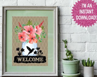 Mason Jar Hummingbird Welcome Burlap Background Printable 8x10 Frame Printable