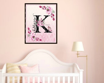 Letter K Nursery Name Art, Baby Girl Wall Art, Monogram Wall Art, Floral Monogram, Baby Shower Monogram