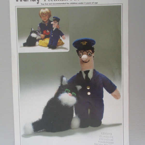 Postman Pat, Black and White Cat, toy knitting pattern, Jess Cat, original retro knitting, Wendy 2261