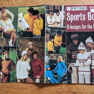 May include: A vintage Patons Sports Book cover with images of people in knitted sweaters and hats. The cover reads "Sports Book 8 designs for the family". The images depict people in outdoor settings, showcasing various knitwear designs.
