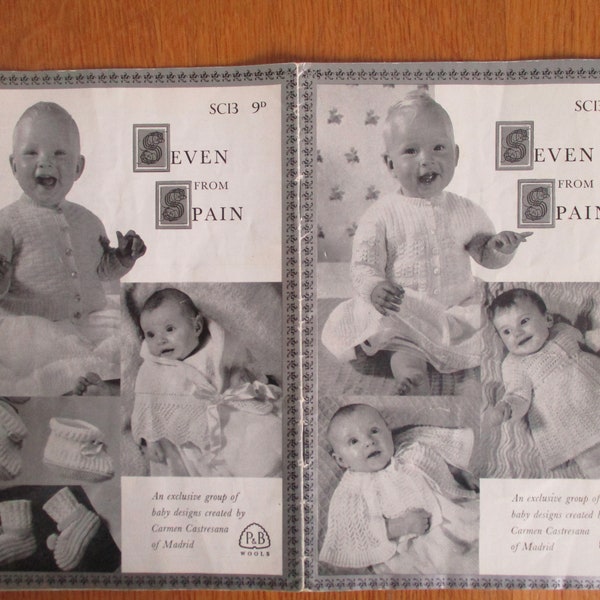 Seven from Spain, Vintage Baby knitting pattern,  P&B Wools SC13, cardigan, cape, matinee coat, booties, chaqueta, cobo, borcegui