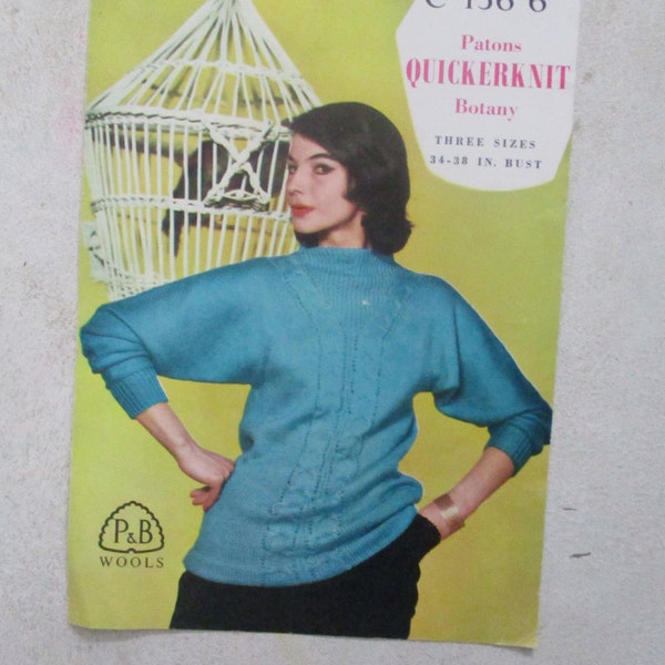 Italian Sweater, Ladys Cabled Jumper, Vintage womens dolman sleeve top, P& B wools C-456, Original knitting pattern, 1950s jumper