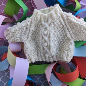 Teddy Bear Clothes: Aran Knit Sweater, Trousers, Dungarees, Fits 16-17" Bear, Small, Miniature Cream Wool Sweater