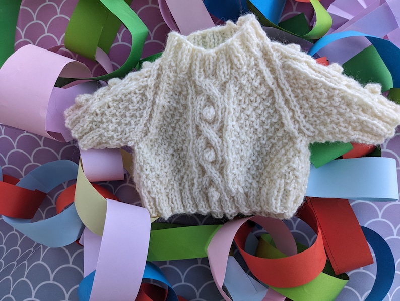 Teddy Bear Clothes: Aran Knit Sweater, Trousers, Dungarees, Fits 16-17" Bear, Small, Miniature Cream Wool Sweater