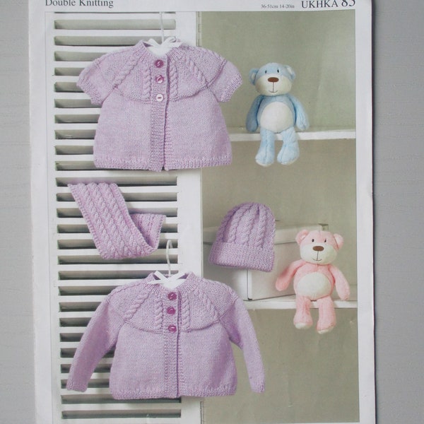 Baby Pattern, Newborn to Age 2,  UK Hand Knitting Association, Cable Cardigan, Scarf , Hat, UKHKA 85
