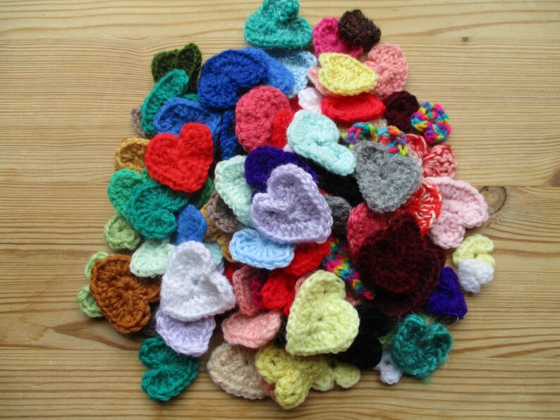 flat lay prop idea crochet hearts Valentine craft supply crochet love patches heart applique flatlay prop handmade heart notion
