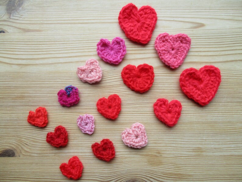 flat lay prop idea crochet hearts Valentine craft supply crochet love patches heart applique flatlay prop handmade heart notion