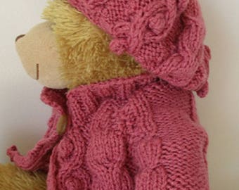 Handmade Aran Knit Teddy Bear Outfit: Coat & Beret Set, Fits Dolls, Jellycat or Buildabear