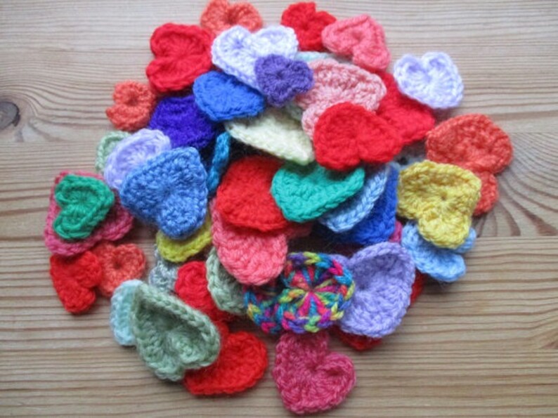flat lay prop idea crochet hearts Valentine craft supply crochet love patches heart applique flatlay prop handmade heart notion