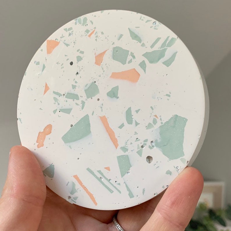 mint and white eco resin small trivet or coaster terrazzo coral