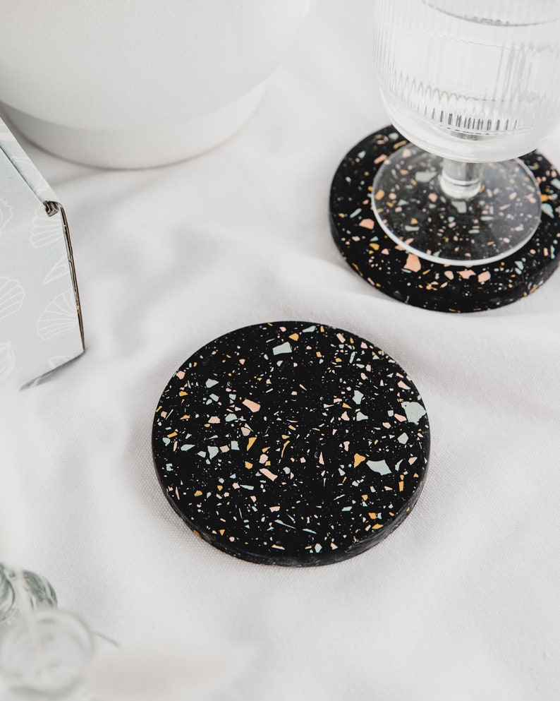 Make your own terrazzo round coasters in black speckle, DIY craft kit image 3