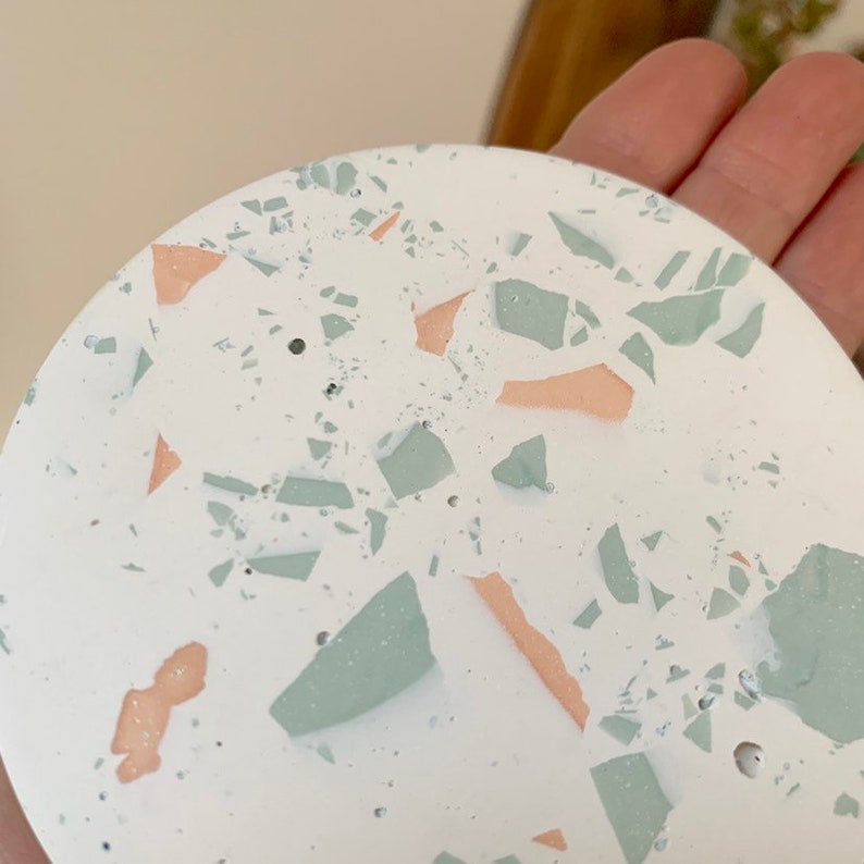 mint and white eco resin small trivet or coaster terrazzo coral