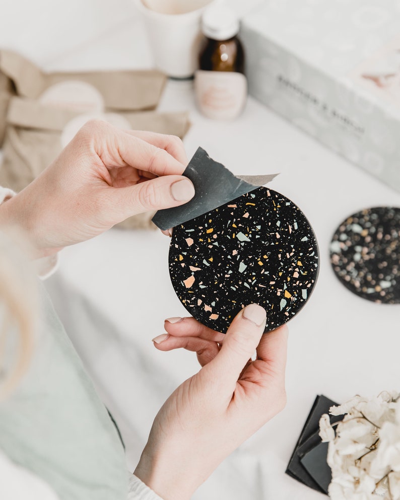 Make your own terrazzo round coasters in black speckle, DIY craft kit image 4