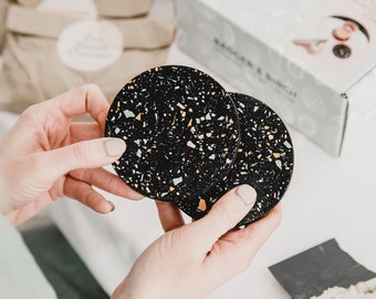 Make your own terrazzo round coasters - in black speckle, DIY craft kit