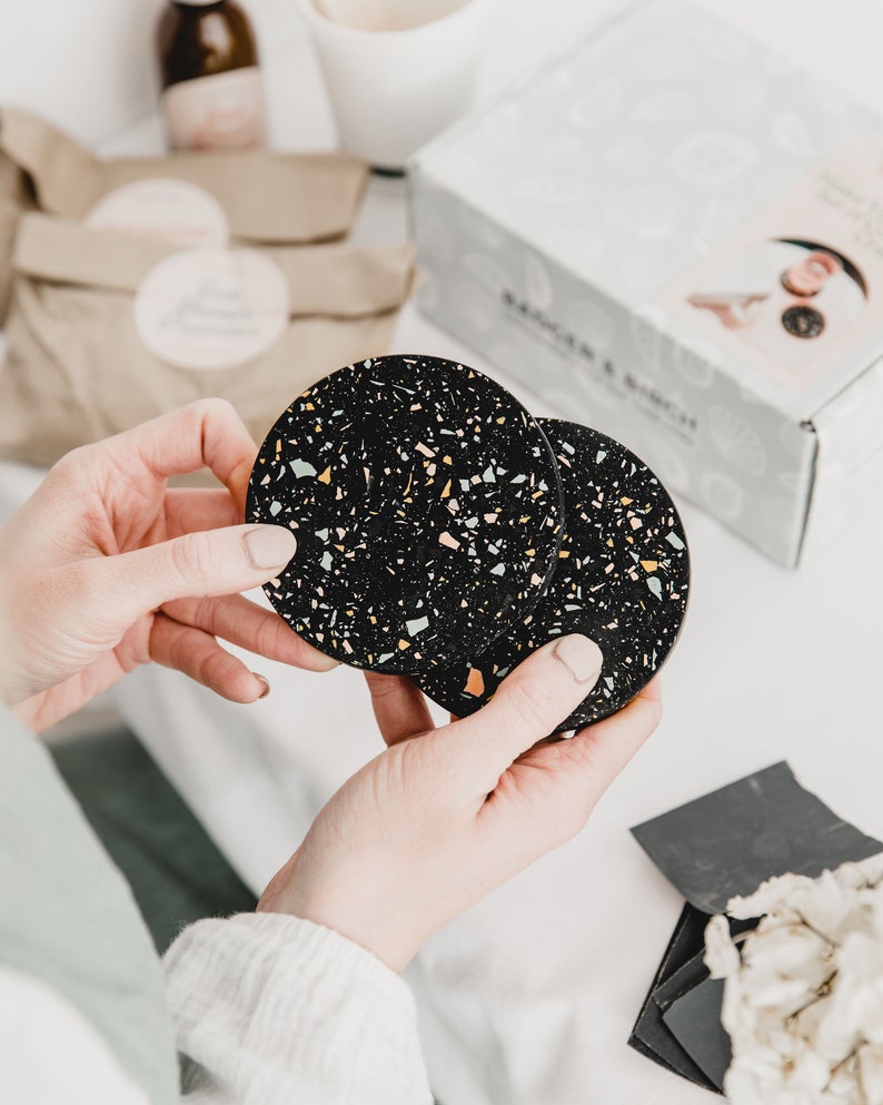 Make your own terrazzo round coasters in black speckle, DIY craft kit image 1