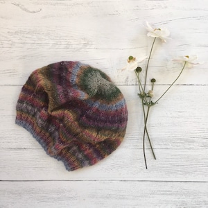 Women&#39;s Luxury Fine Knit Merino Wool Hat - Multicolour Sparkly Stripe Hat - Slouchy Beanie - Rustic Moose Company