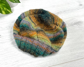 Hand Knitted Slouchy Beret: Lacy Swirls, Multicolour Winter Knitwear