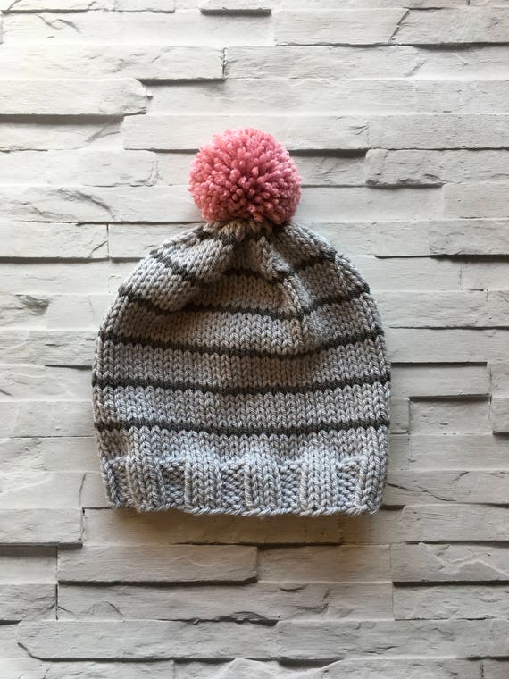 Ladies Hand Knitted Light and Dark Grey Stripe Wool Bobble Hat with a Pink Pom Pom - Winter Ski Weather Beanies - Cosy Toasty Warm Headwear