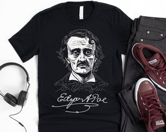 May include: Black t-shirt featuring a white illustration of Edgar Allan Poe, with his signature beneath the image.