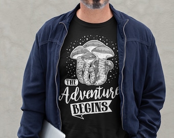 Adventure Begins Mushroom T-Shirt: Psychedelic Nature Print