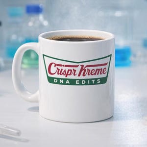 May include: White ceramic mug filled with coffee, featuring a green and red logo that reads "Crispr Kreme DNA EDITS". The mug has a curved handle and is set against a blurred laboratory background.
