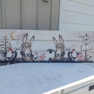 16x46 Barnyard Sign  Donkey Roosters Chickens Cows Pigs Sheep Choice of backgrounds