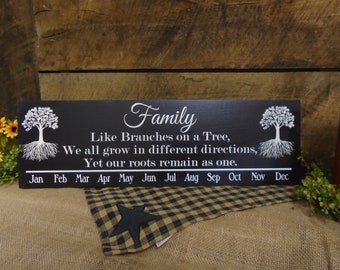 Birthday Calendar Family Rustic Style All Wood Calendar Board Celebrations Special Events Family like branches on a tree Black White letters