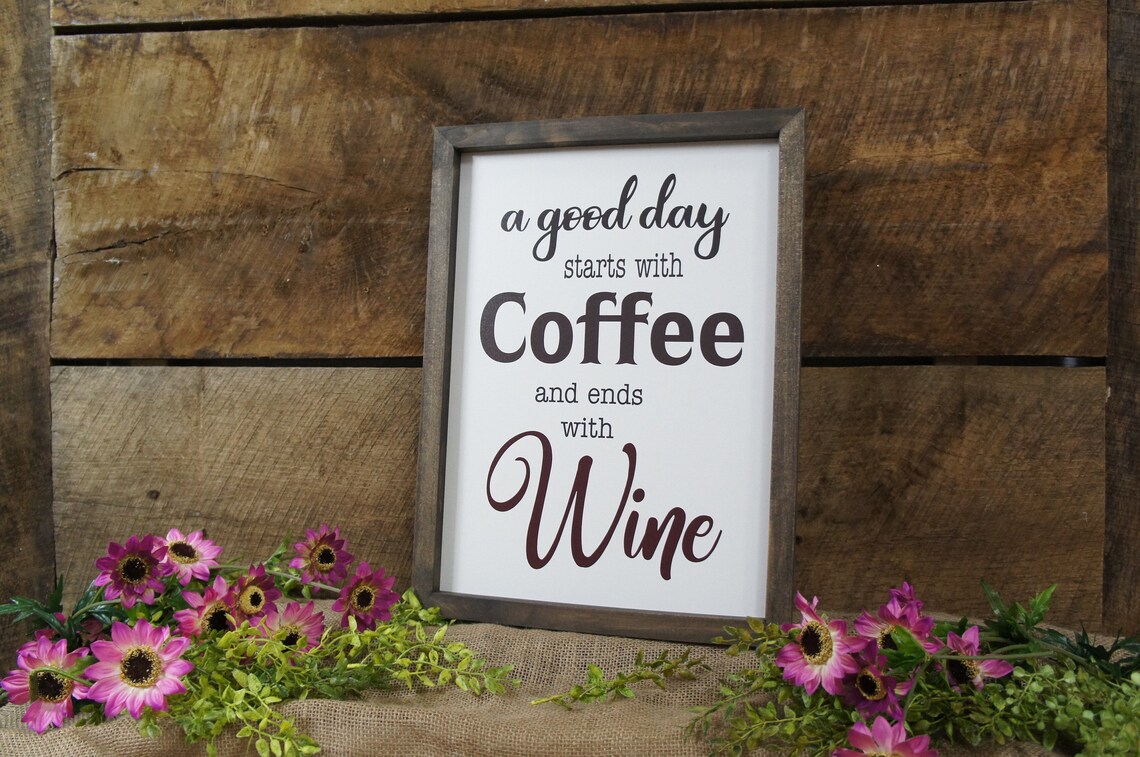 Funny Coffee & Wine Wooden Sign - 5x5 Inch Farmhouse Desk Decor For Office Or Home