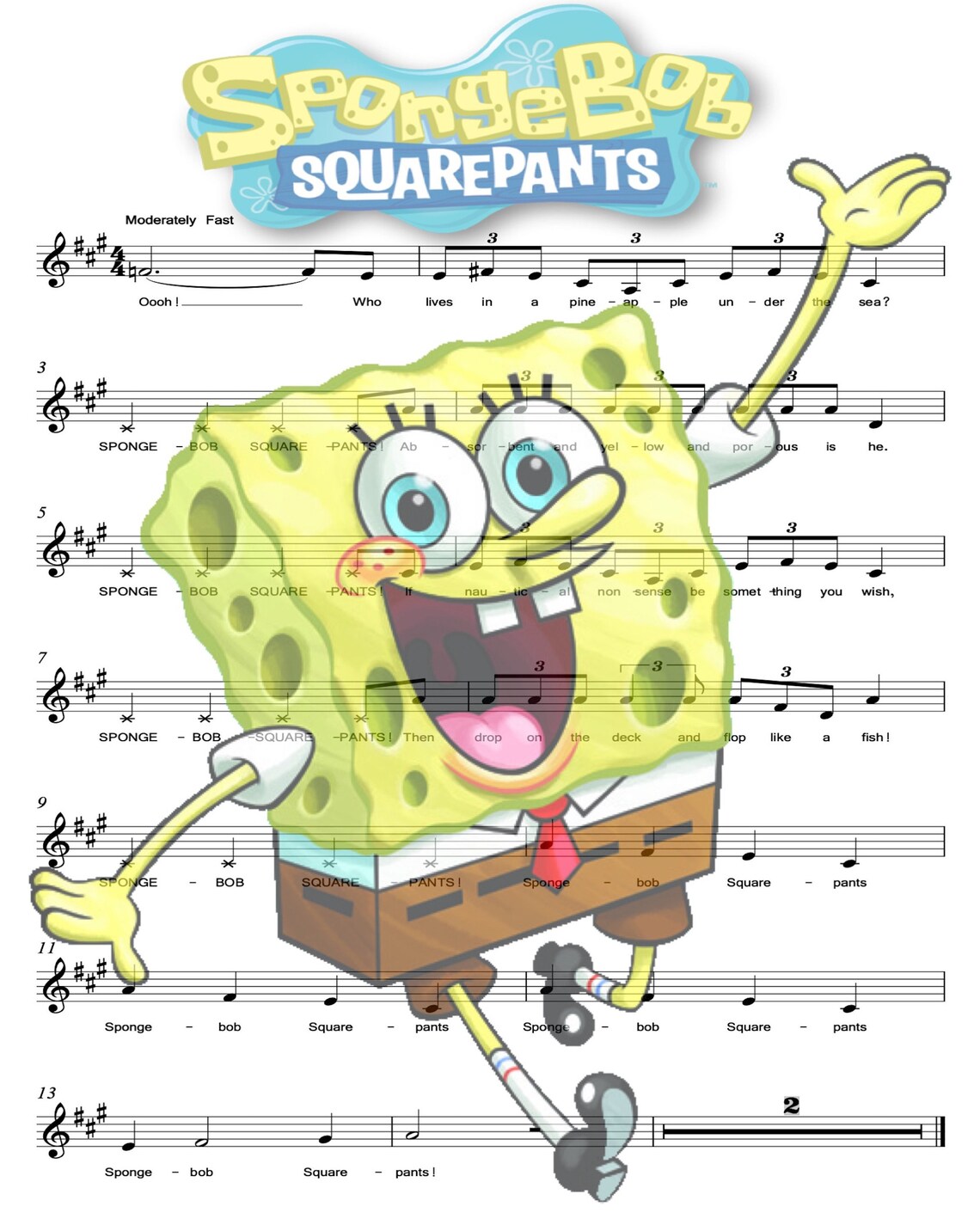 SpongeBob SquarePants Piano Sheet Music w/ Photo Overlay 2 Etsy