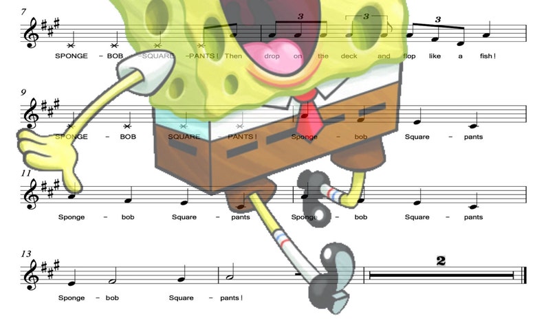 SpongeBob SquarePants - Piano Sheet Music w/ Photo Overlay - 2 Unique Digit...