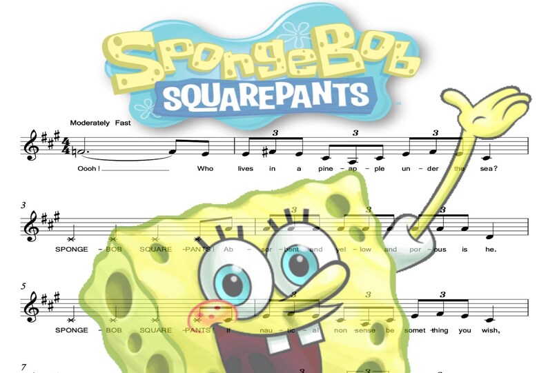 Spongebob Squarepants Piano Sheet Music W/ Photo Overlay 2 Etsy
