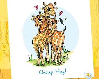 Giraffe card, Giraffe group hug, hug card, birthday card, cheer up card