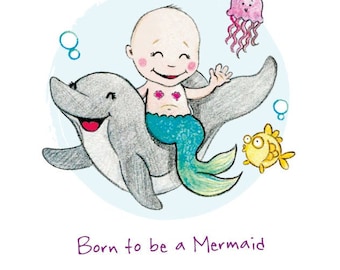 Mermaid new baby card, cute mermaid baby card, merbaby, born to be a mermaid card