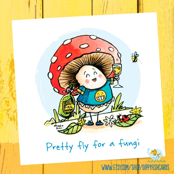 Fungi Geburtstagskarte, Fungi Wortspiel, Pilzkarte, Hübsche Fliegenkarte, fröhliche Karte