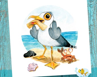 Chip thief Gull card, Giz A Chip card, Seagull birthday card, Rude seagull card, Seaside birthday, Beach card