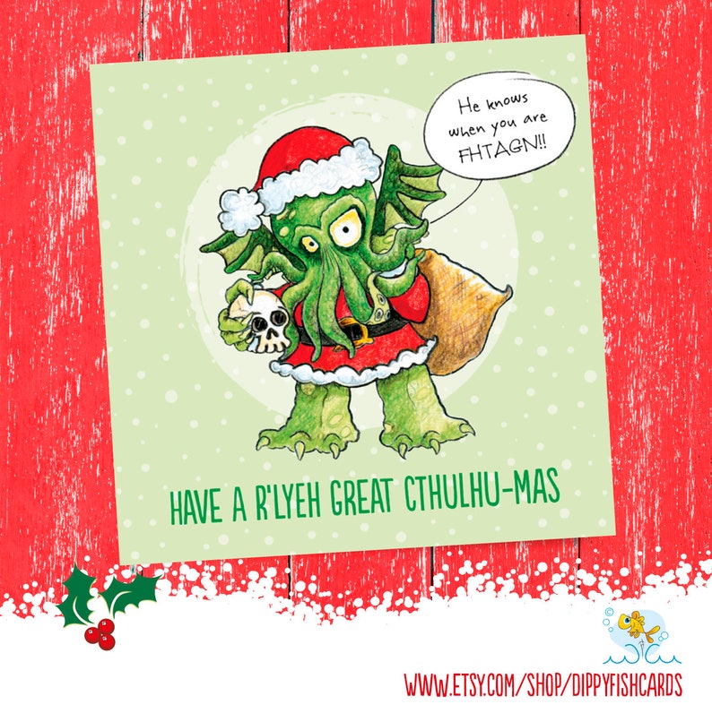 Cthulhu Christmas Card, Lovecraft, Happy HP Christmas, quirky christmas, nerdy christmas, Fhtagn image 1