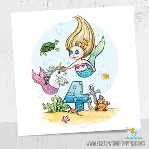 Jolie carte sirène pour fille de 4 ans, sirènes, joyeux quatrième anniversaire, carte pour petite fille, carte pour nièce, carte pour petite-fille