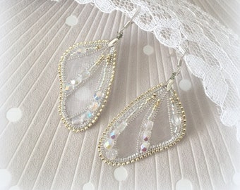 White butterfly wings, Dangle wire fantasy earrings, Faerie jewellery, Winter fairy wing earrings, Bead embroidered earrings, Magical bride