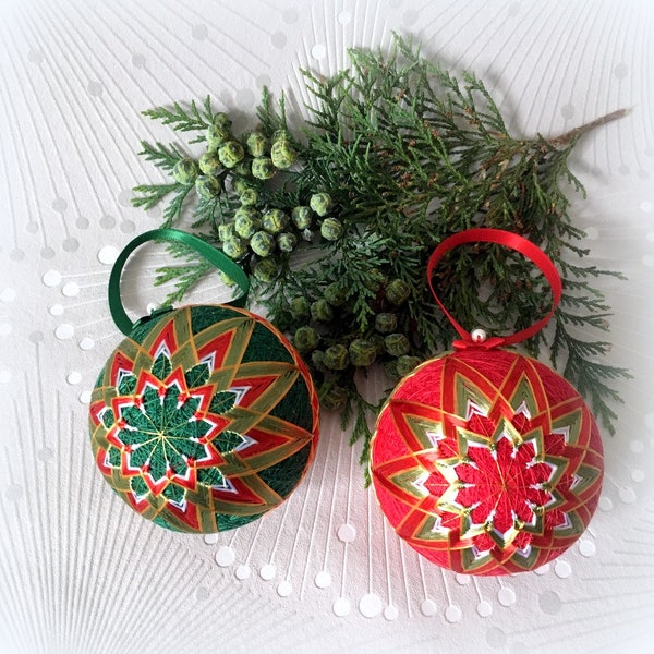 Christmas temari balls, Red, green star ornaments, Hand embroidered sphere,  Home decor, Winter Chrysanthemum, Silk embroidery UK