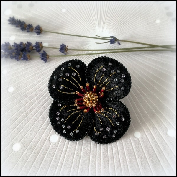 Black velvet poppy brooch, Embroidered lapel pin, Black flower Corsage, Textile art brooch, Hat pin, Flower hair clip, Flower pin