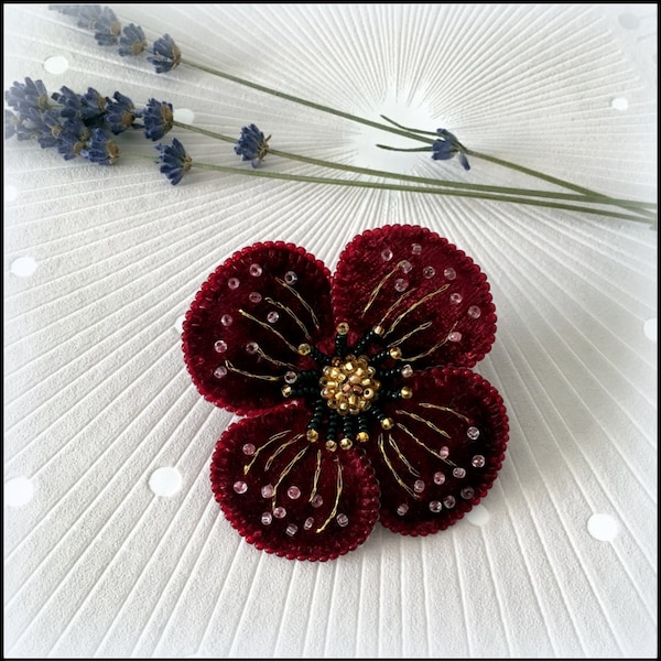 Flower pin, Burgundy velvet poppy brooch, Marun lapel pin, Cherry red flower Corsage, Textile art brooch, Hat pin, Flower hair clip