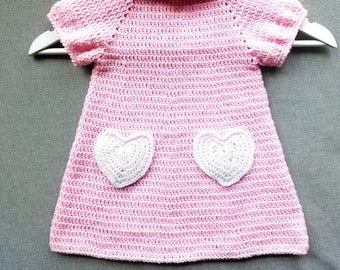 I HEART MY DRESS baby girl pink crochet dress and matching beret, girls' crochet dress