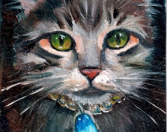 Original ACEO, Tabby Cat Portrait with Blue Crystal handmade oil painting, ATC, miniature art, tiny  custom pet portrait, mini painting