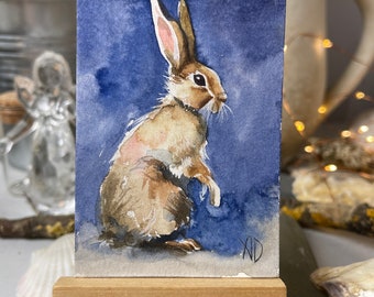 Original ACEO card, watercolor rabbit painting, custom rabbit portrait, wildlife animal handmade miniature, mini painting OOAK hare