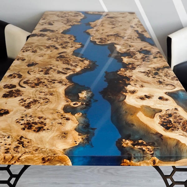 SOLD Blue transparent epoxy river Mappa Burl table SOLD