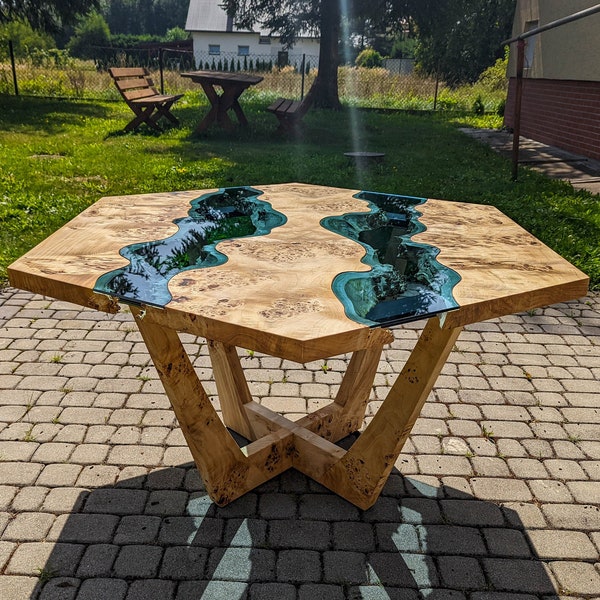 Available! Hexagon live edge river table "Refracta" with blue glass river