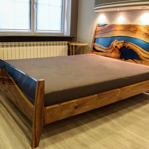 Blue river walnut epoxy queen size bed image 1